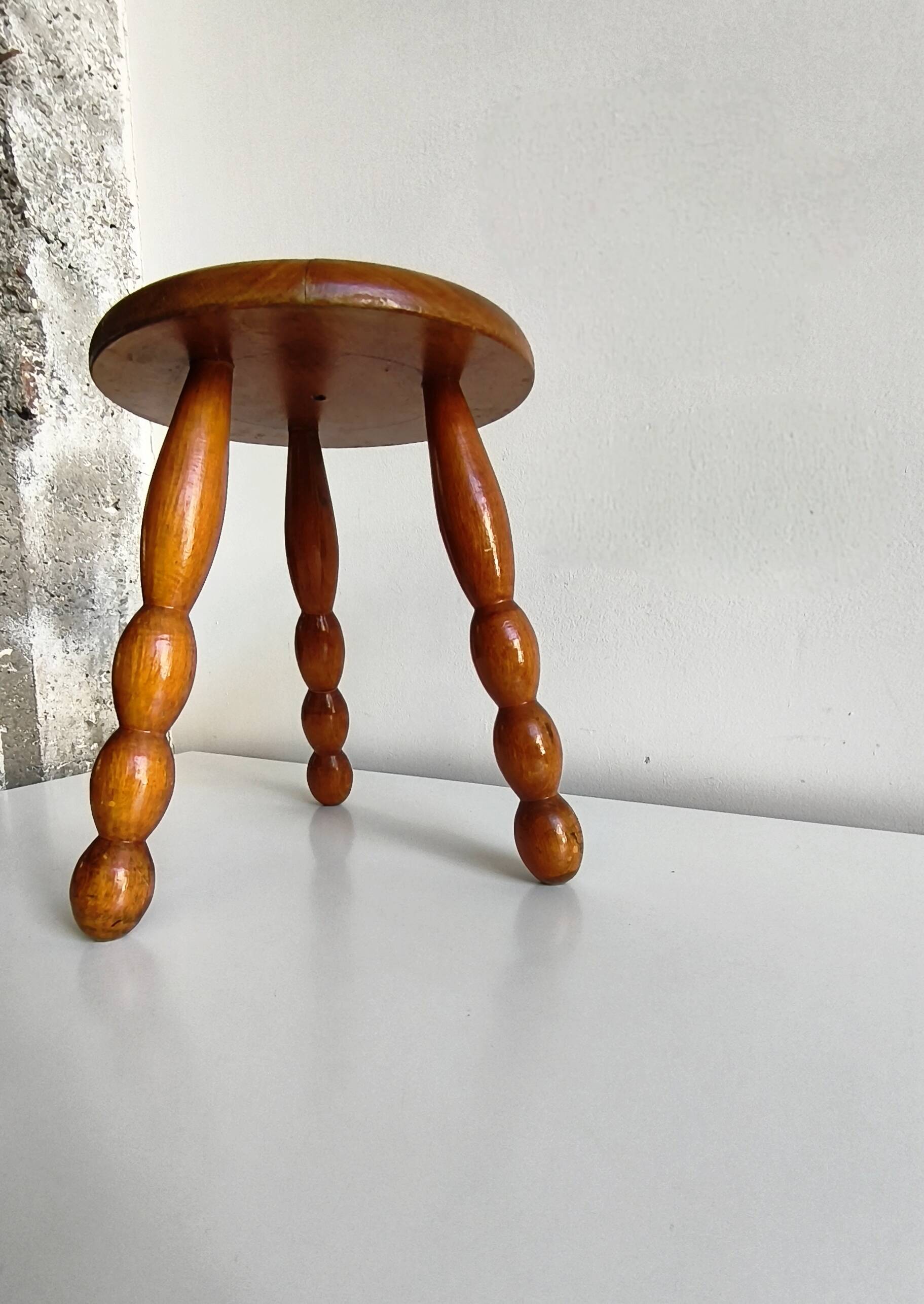 Turned wood tripod stool