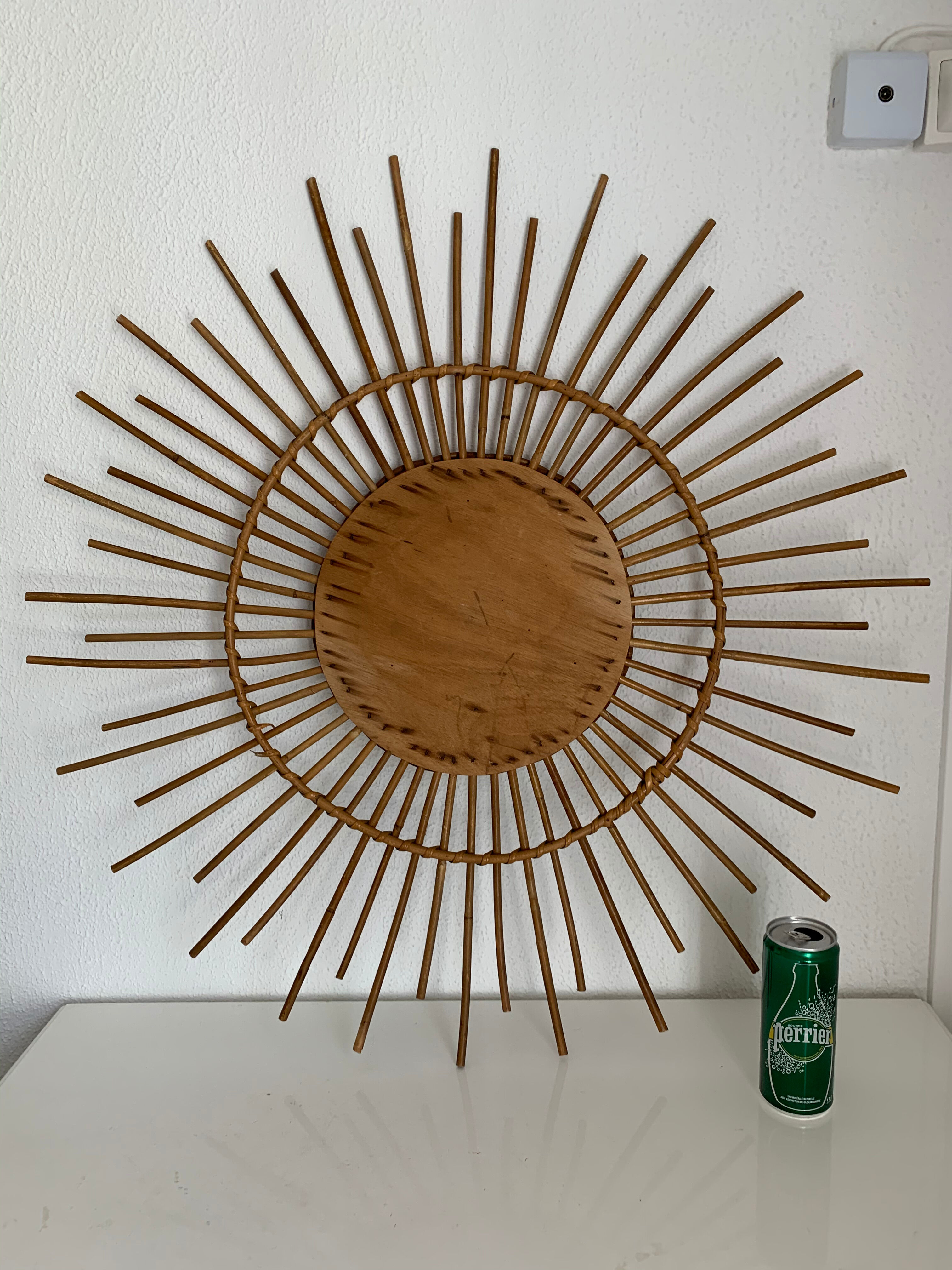 Miroir vintage 1960 soleil rotin - 78 cm