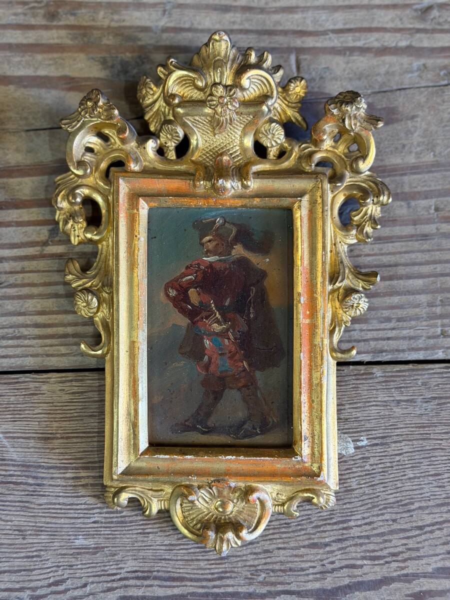 Pair of portraits of Italian bandits, oil on panels, gilded frames, circa 1880.