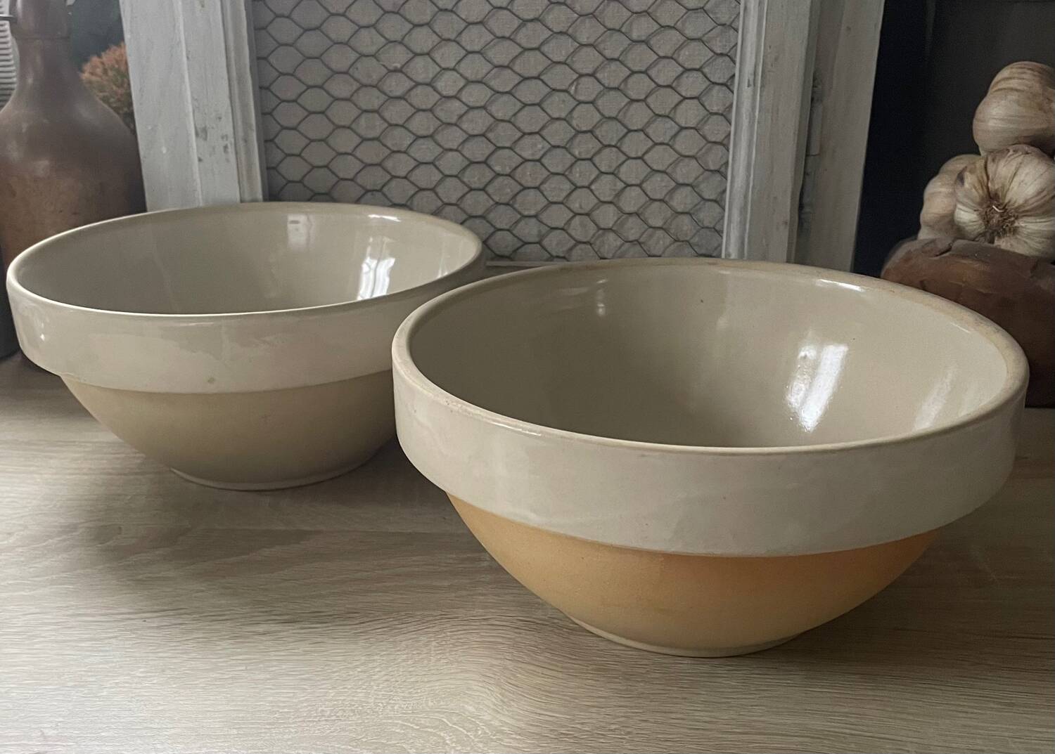 Set of two 2.5l salad bowls in vintage Digoin stoneware