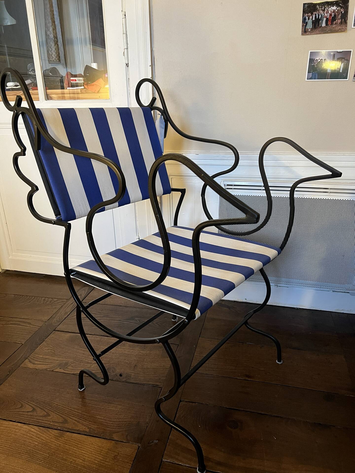 Monoprix armchair x Vincent Darré – black metal & blue/white stripes