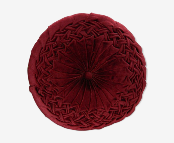 Coussin rond plissée en velour rouge foncé, vintage