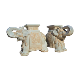 Pair of enamelled white ceramic elephant harnesses