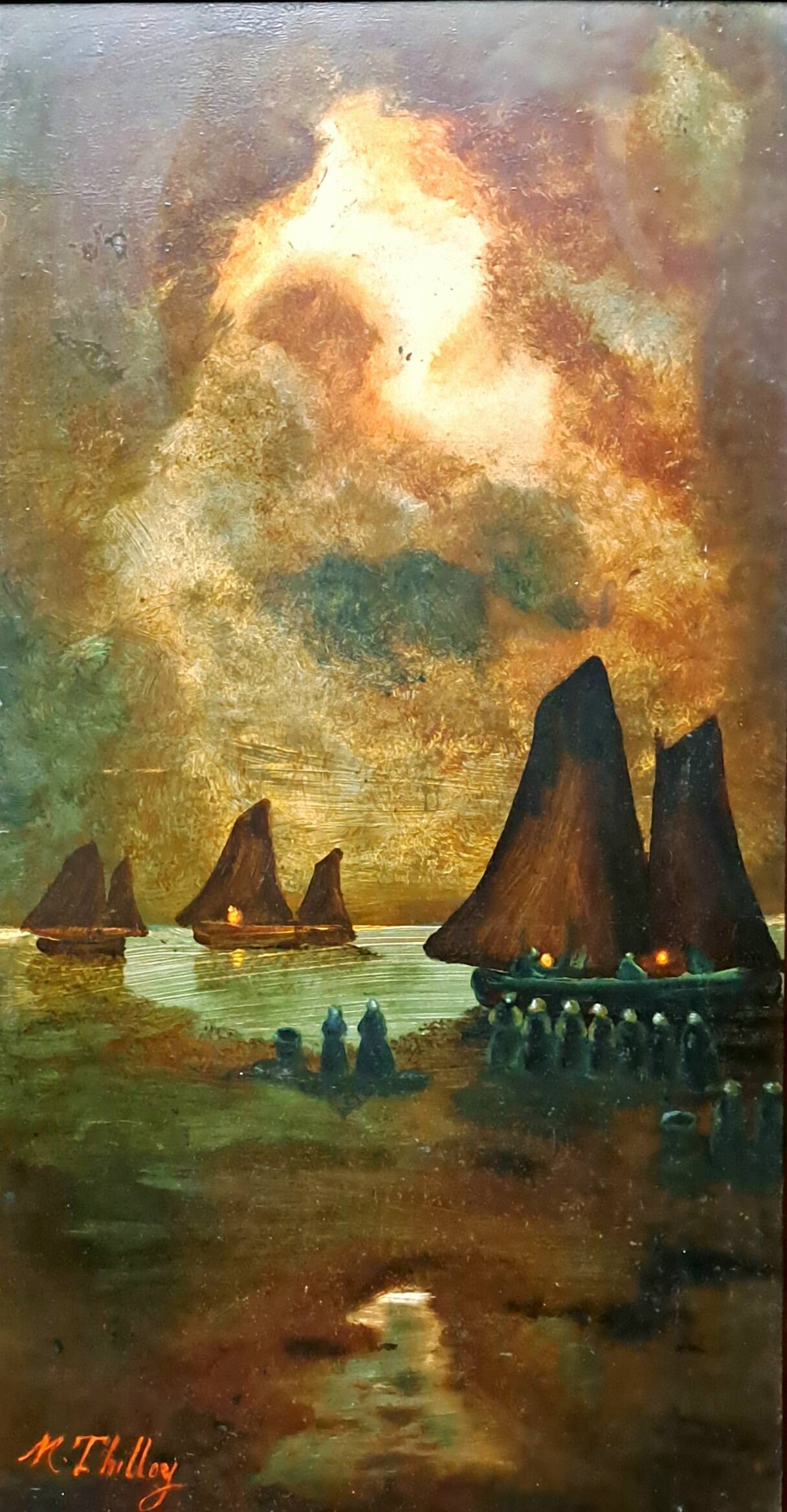 Impressionist painting, oil on wood, 19th century - Signed marine