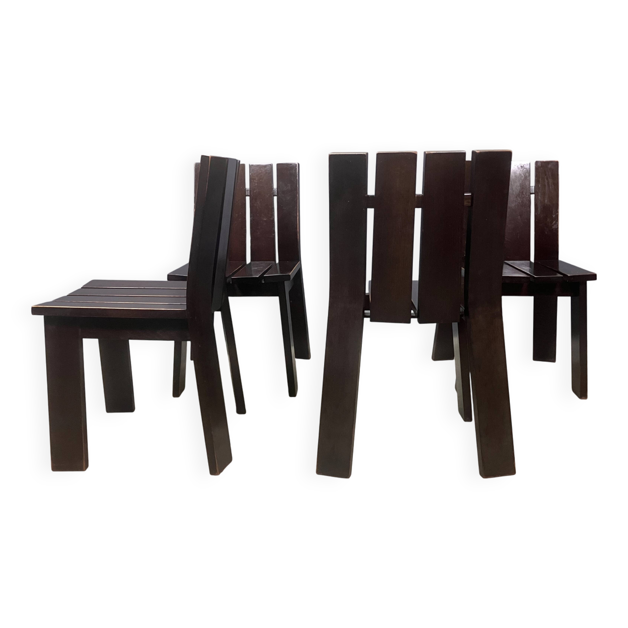 Chaises de salle à manger brutalistes et modernistes des années 70 en bois marron architectural