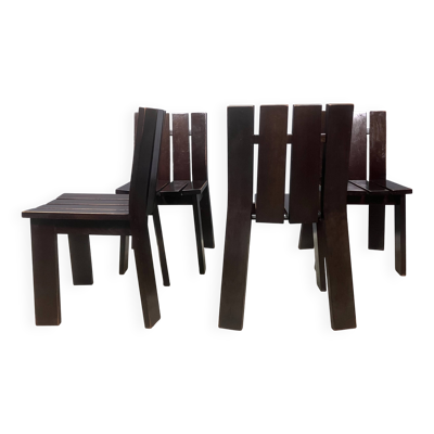 Chaises de salle à manger brutalistes et modernistes des années 70 en bois marron architectural