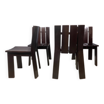 Chaises de salle à manger brutalistes et modernistes des années 70 en bois marron architectural