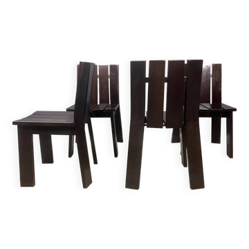 Brutalist and modernist dining chairs from the 1970s in architectural brown wood.