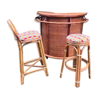 Rattan bar with stool and chair