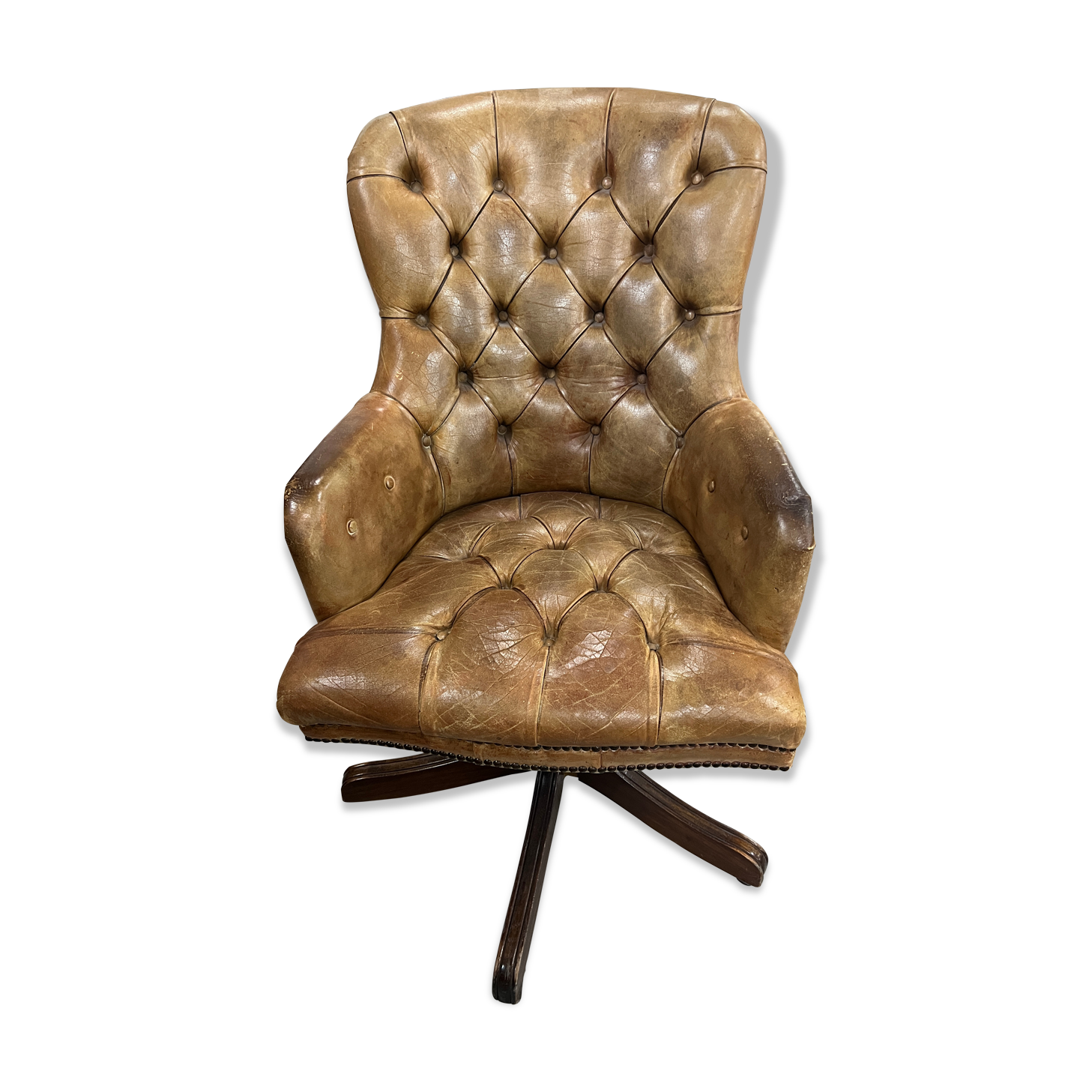 Office chair Chesterfield Gainsborough Chair swivel, in antique gold leather and mahogany