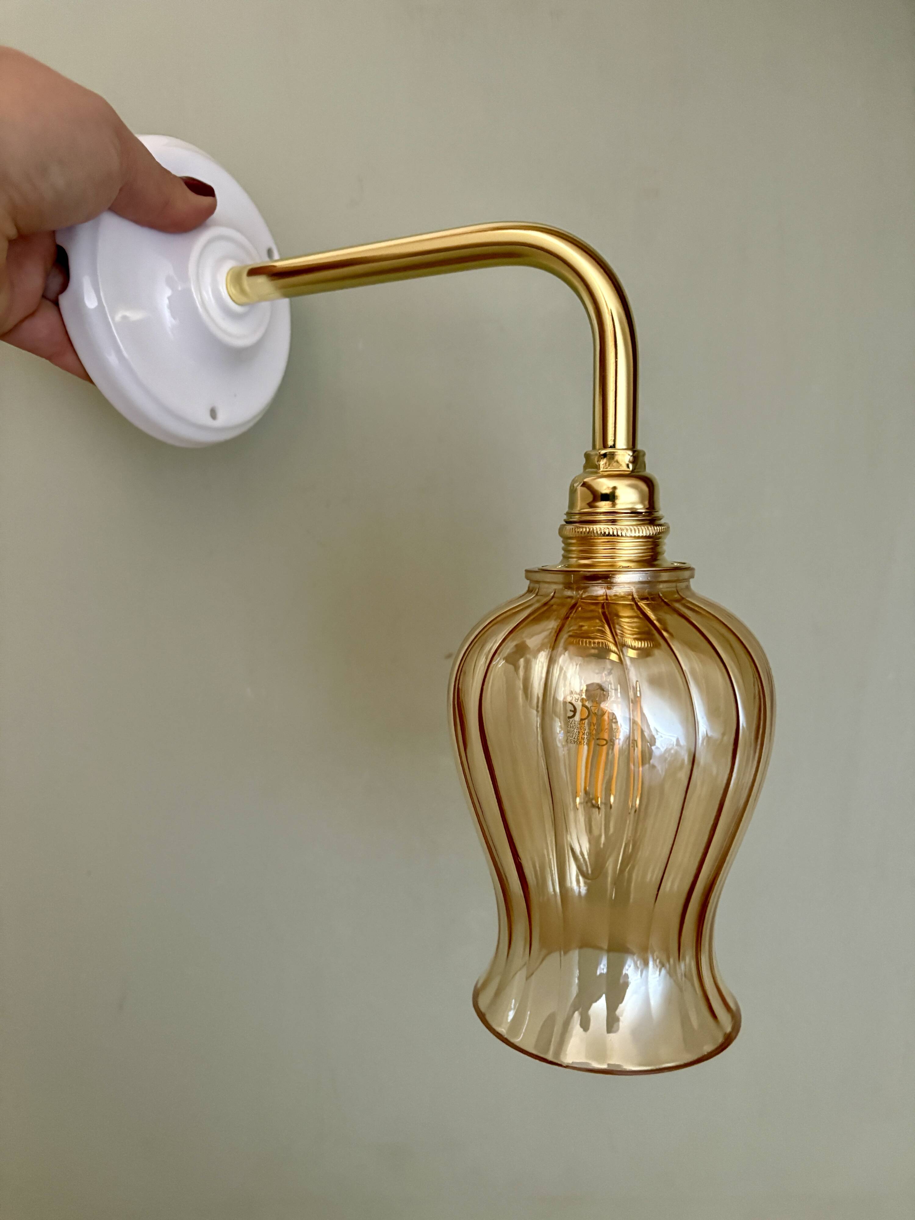 Vintage tulip angled wall light in amber glass