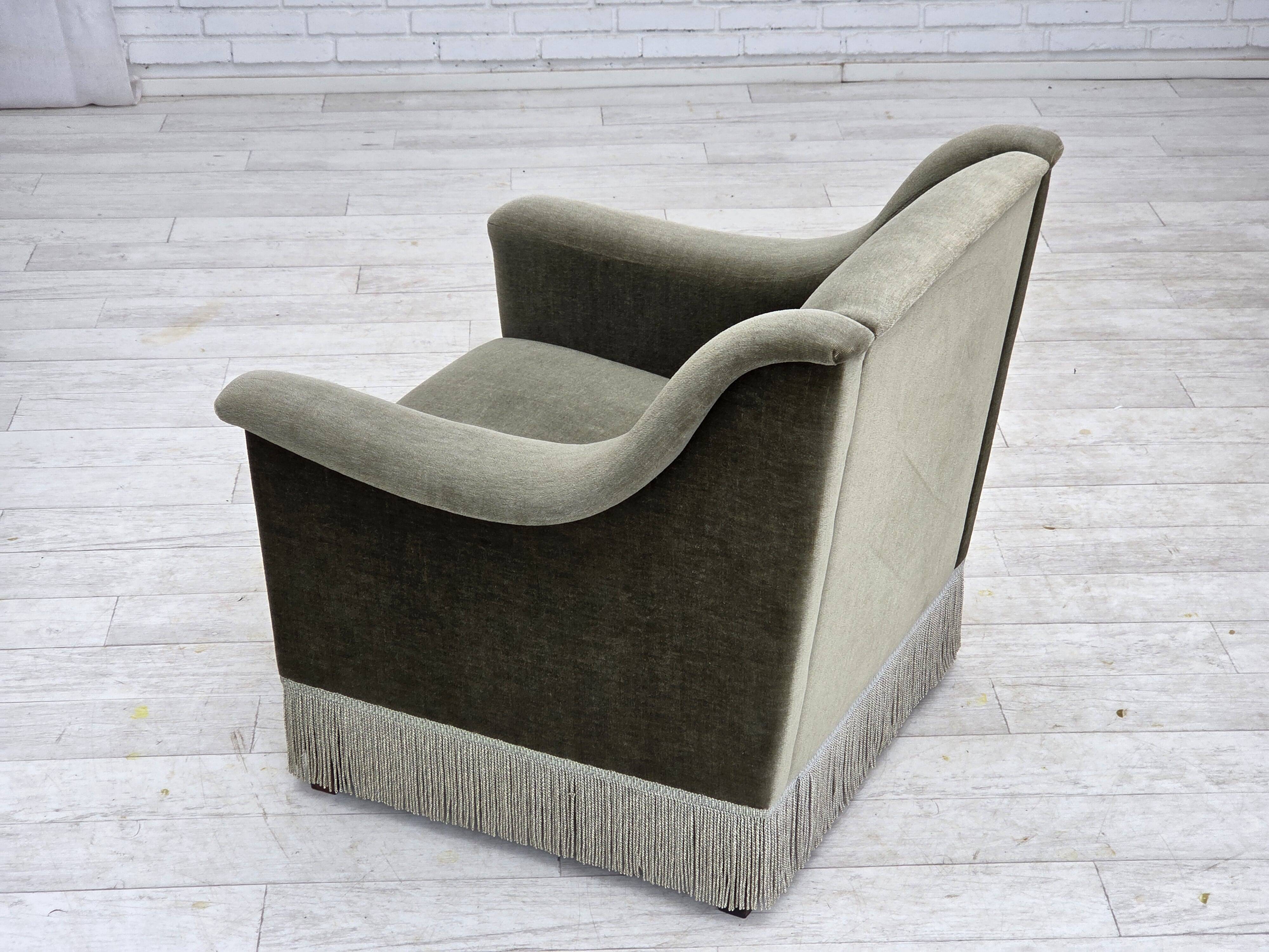 1970s, Danish armchair, original green furniture velour, beech wood.