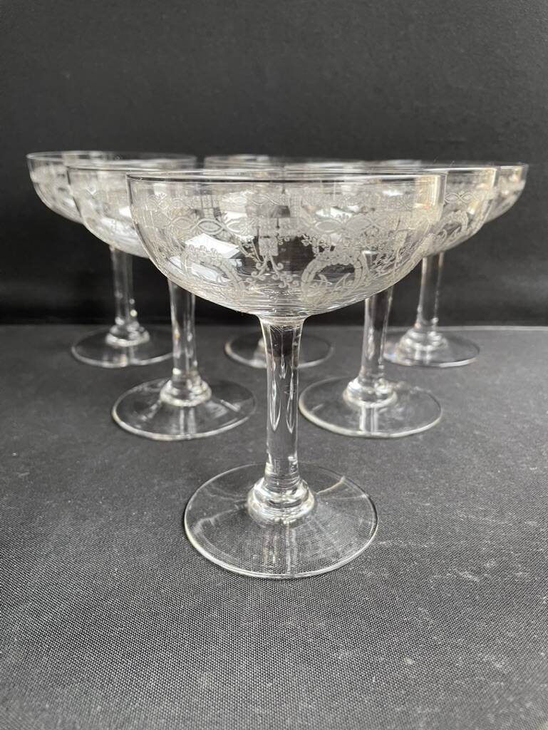 6 Champagne glasses – Saint Louis Christmas service rock crystal engraving 3540