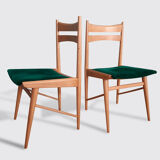 Beech wood and green velvet pair of chairs from 60s