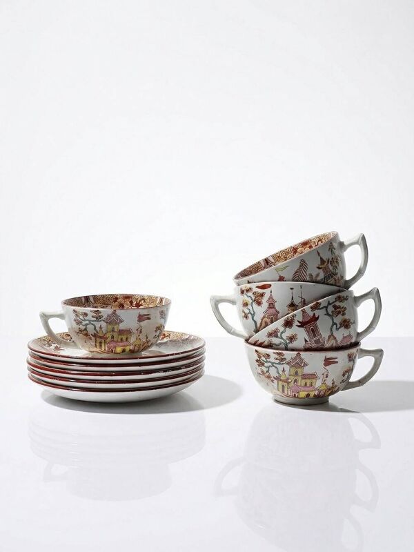 Service à thé Sarreguemines ancien collection Kyoto - 5 tasses et 6 soucoupes