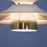 Danish hanging lamp in white with brass accent, 1980s