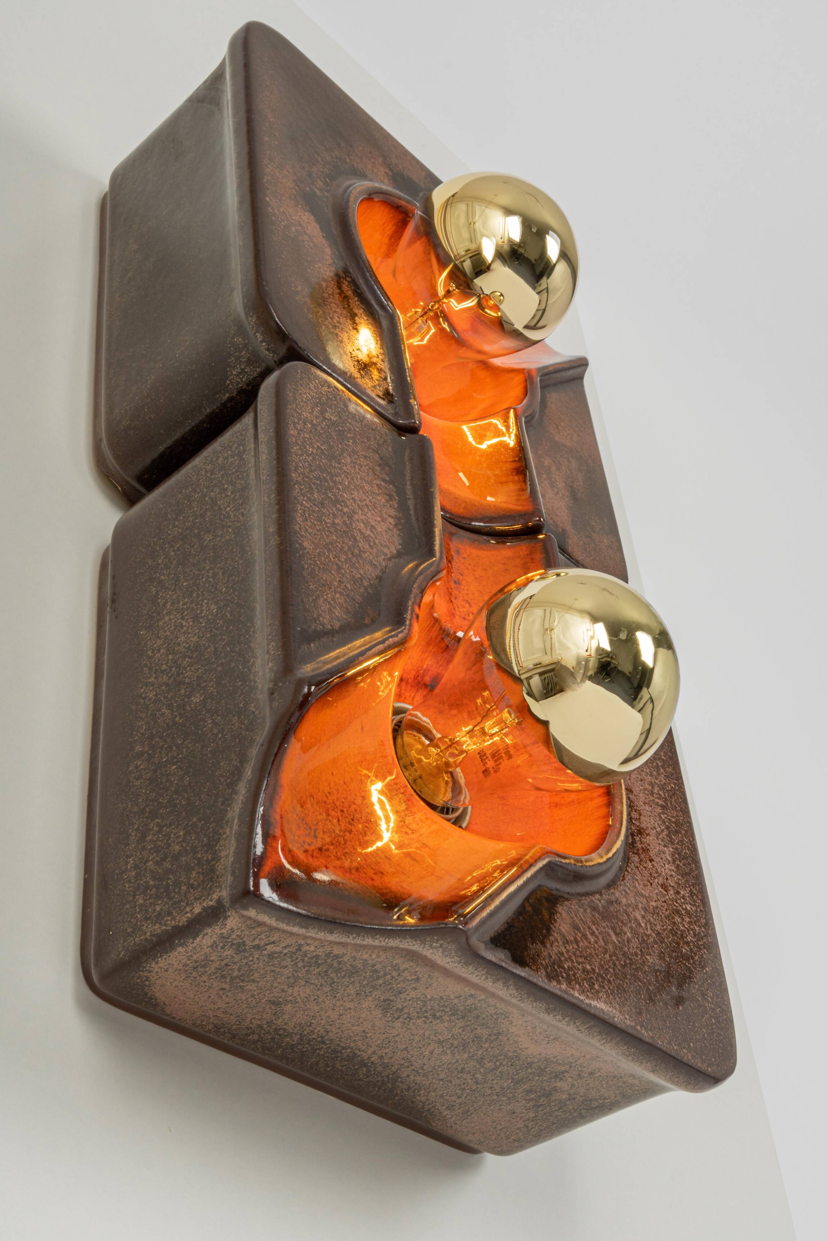 Sputnik wall lights in brown and orange ceramic, Germany 1970s