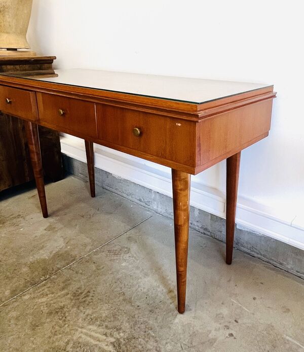 Console en teck années 50 par Gaston Poisson – 3 tiroirs, miroir