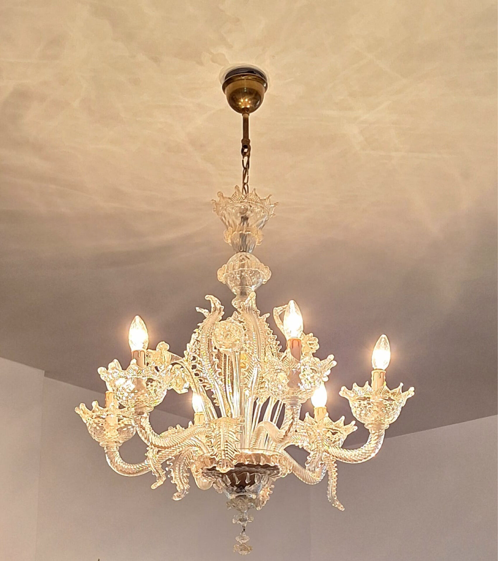 Large Murano glass chandelier with gold leaves, vintage light fixture.