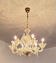 Large Murano glass chandelier with gold leaves, vintage light fixture.
