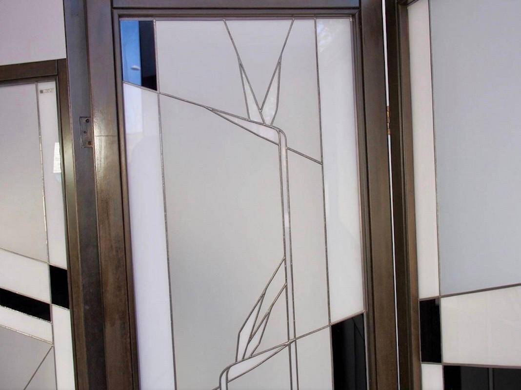 Paravent de style Art déco en bois et verre plombé