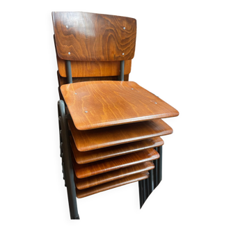 Set of 7 school chairs Eromes dark wood, 60s, Netherlands