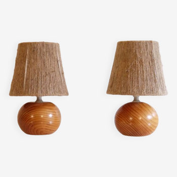 Paire de lampes vintage en bois et corde 1970