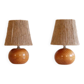 Paire de lampes vintage en bois et corde 1970