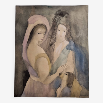 Sérigraphie aquarellée d'après Marie Laurencin, "la femme à la mantille", 43 x 35 cm