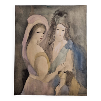 Sérigraphie aquarellée d'après Marie Laurencin, "la femme à la mantille", 43 x 35 cm