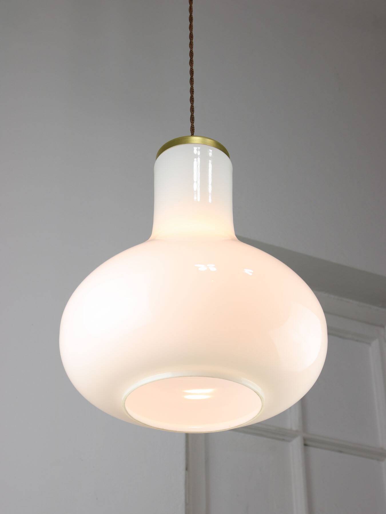 Big mid-century italian brass and opaline glass pendant lamp