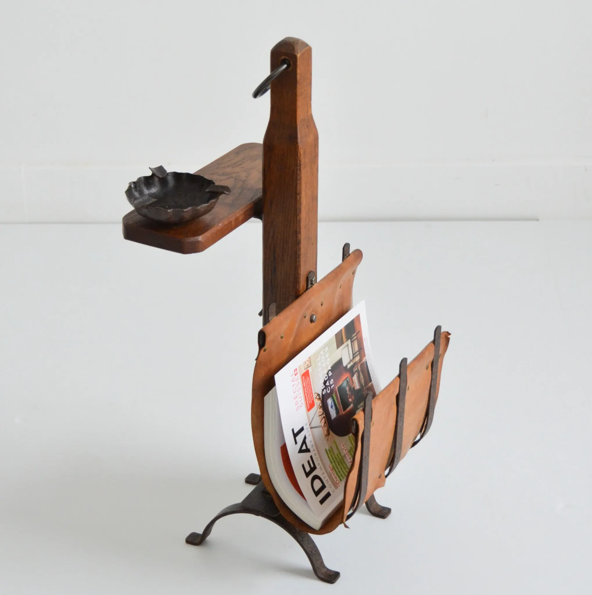 Vintage leather magazine rack with shelf and Brutalist / Rustic ashtray.