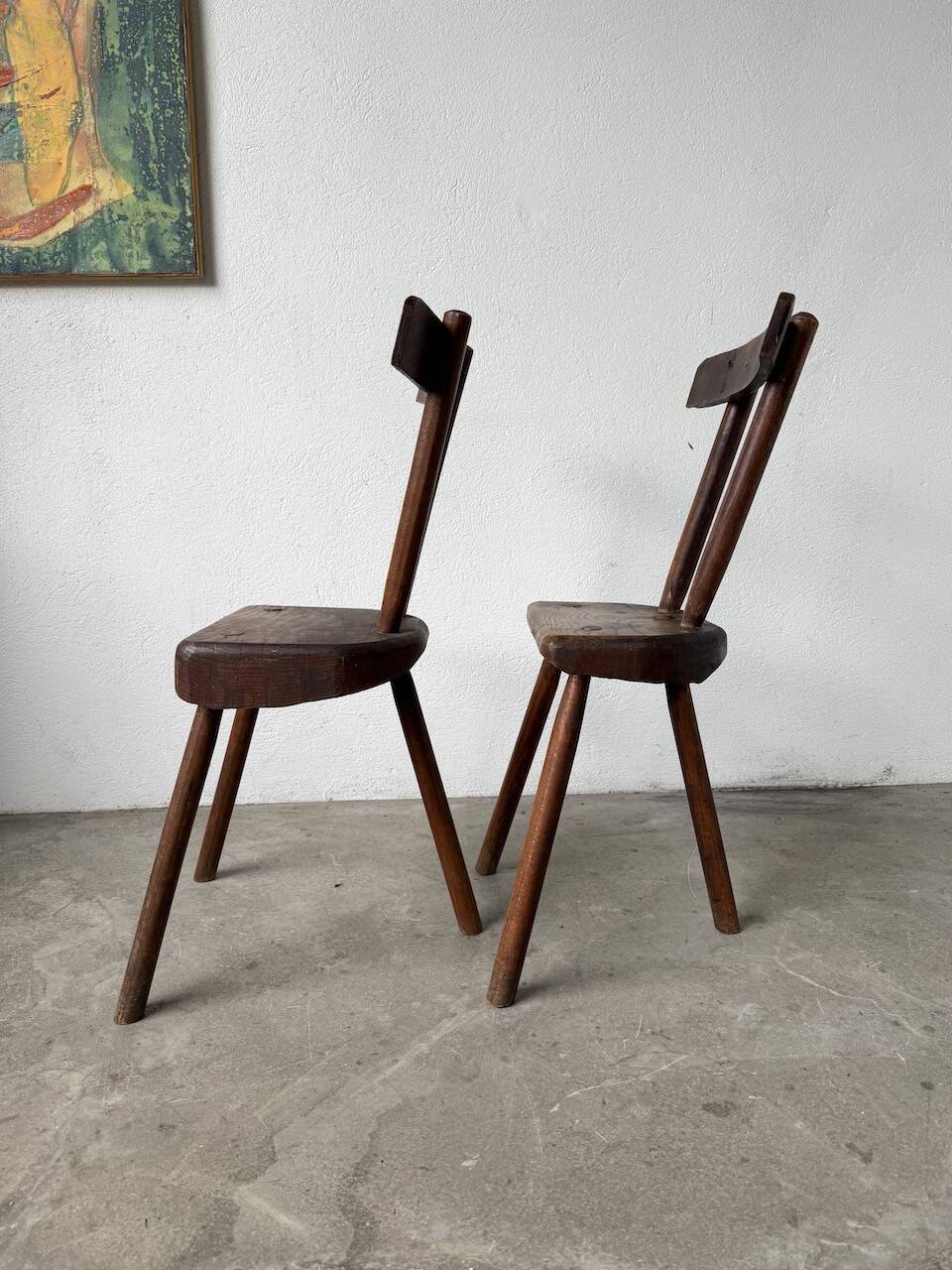 Pair of Savoyard tripod chairs, folk art, oak.