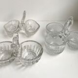 Trio of mismatched salt shakers in molded pressed glass 50s