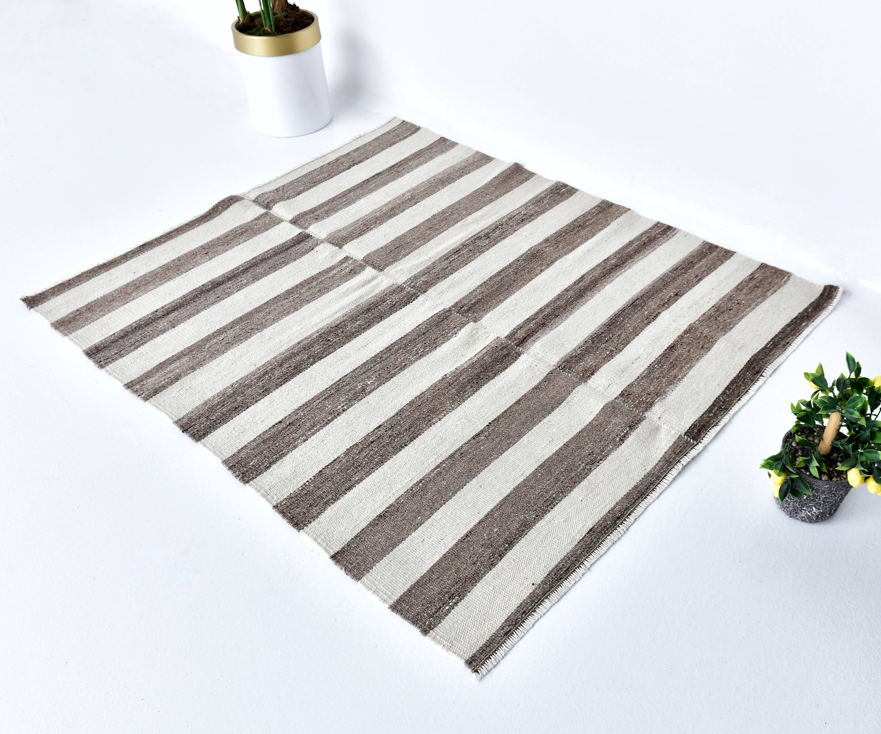 brown cream kilim carpet 120x140 cm, wool washabele rug , organic rug