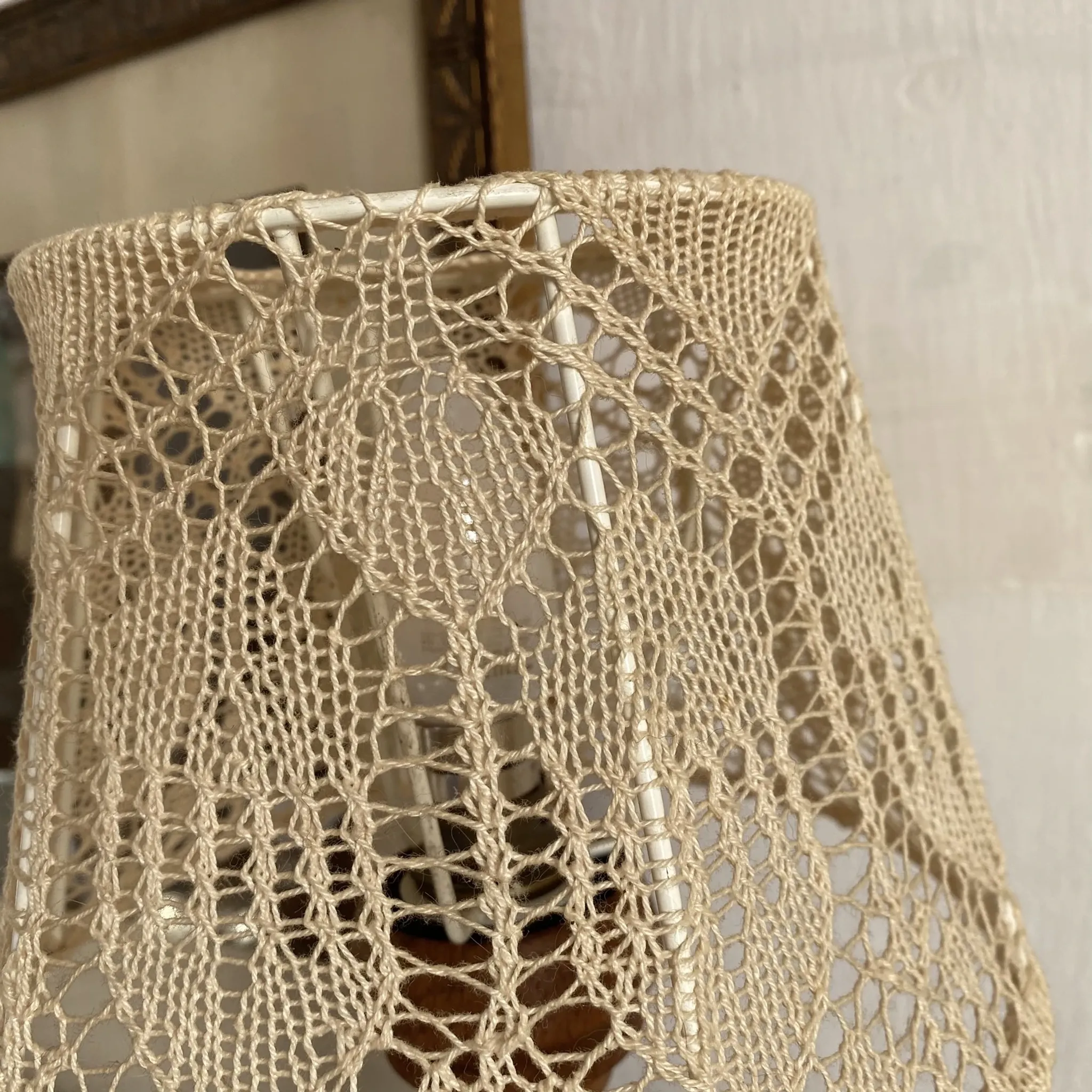 Wooden turned bedside lamp with lace