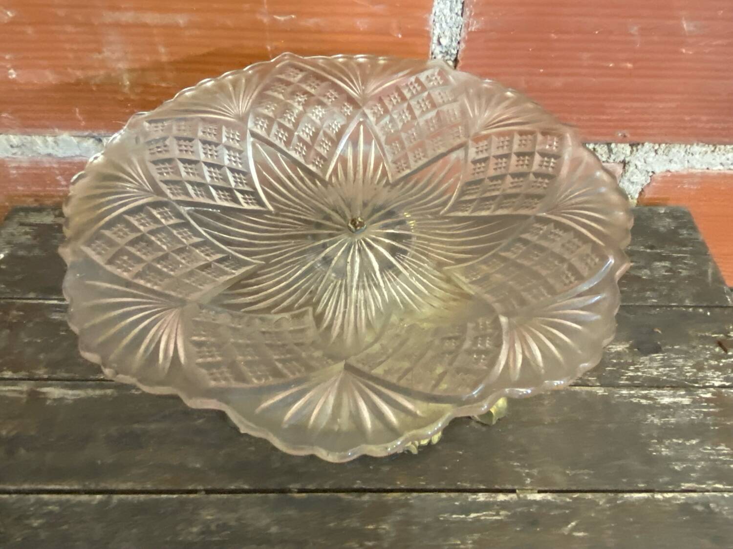 Antique art nouveau fruit bowl moulded glass + golden metal pedestal