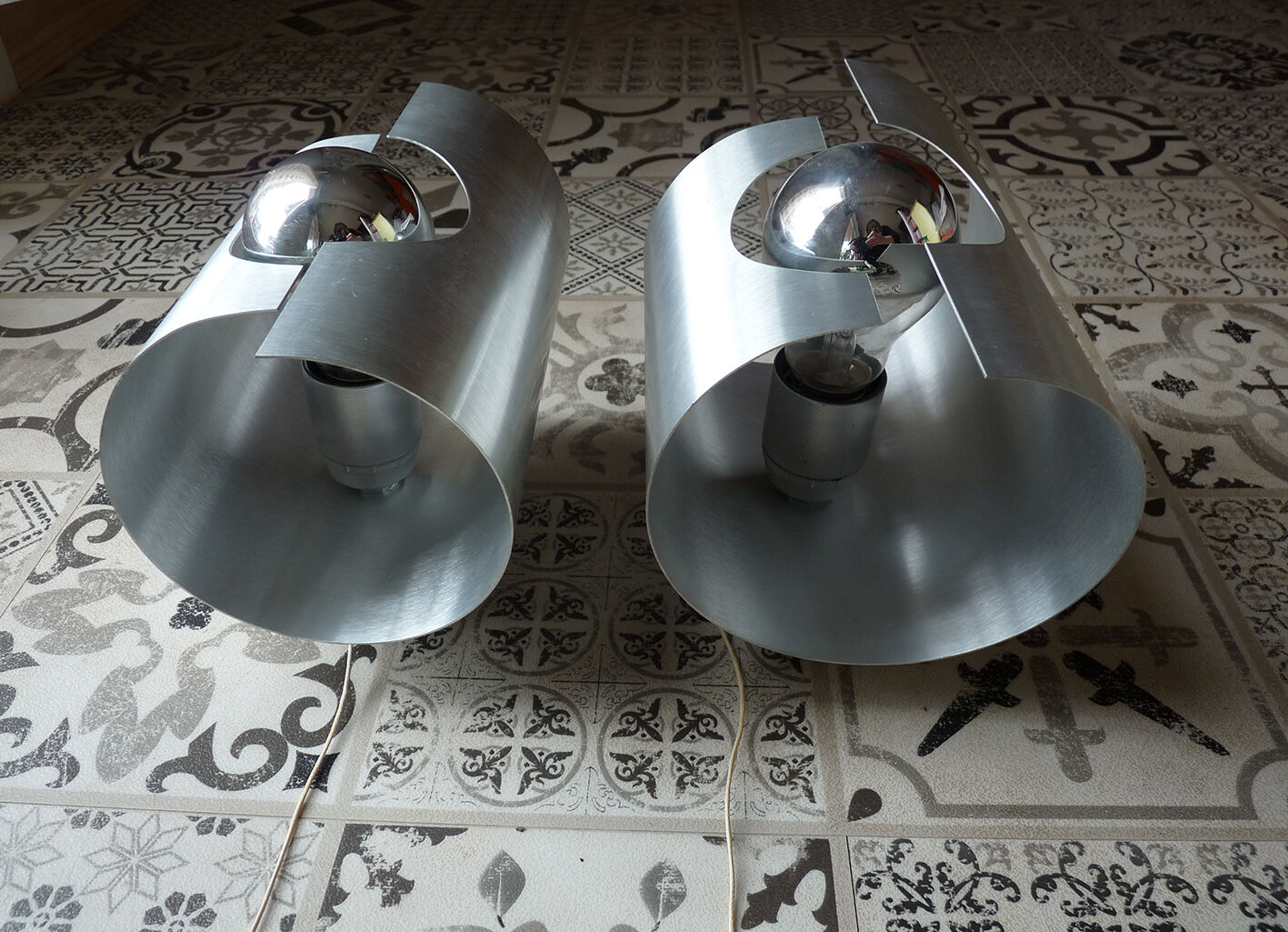 Pair of "roll" or ufo vintage brushed metal wall / 1960