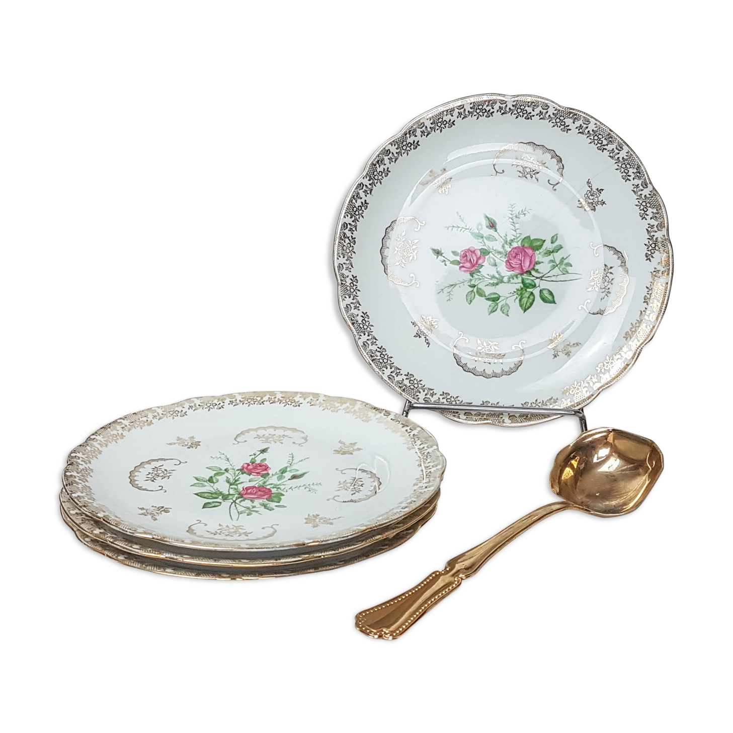 Lot of 4 flat plates Limoges FD Chauvigny golden white rose pattern
