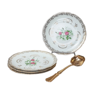 Lot de 4 assiettes plates Limoges FD Chauvigny blanc doré motif Rose