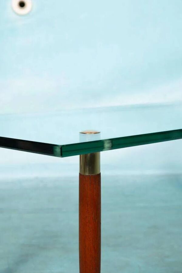 Table basse vintage verre teck laiton, table basse midmod