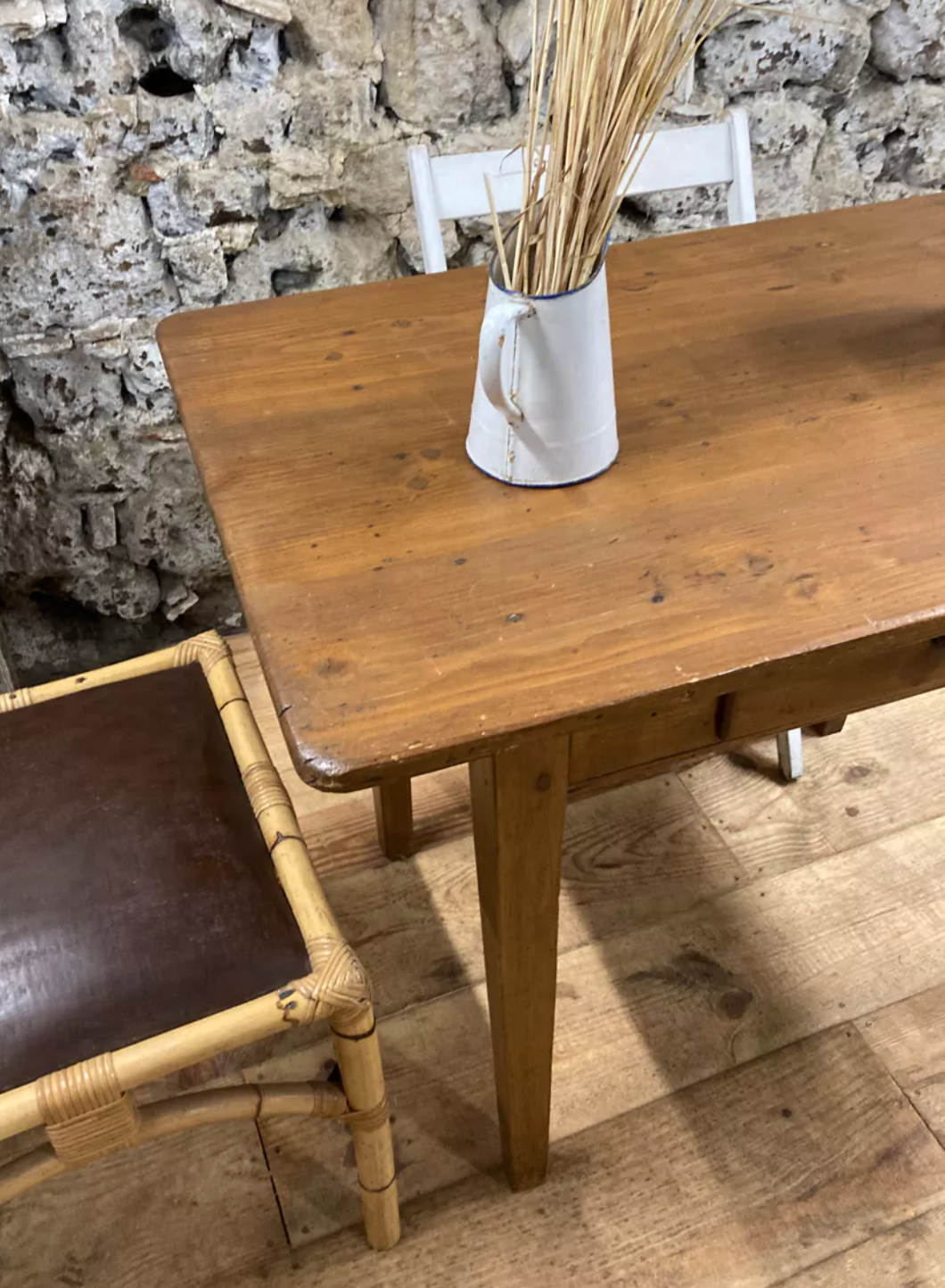 Rectangular wooden farmhouse table or rustic desk with antique drawer