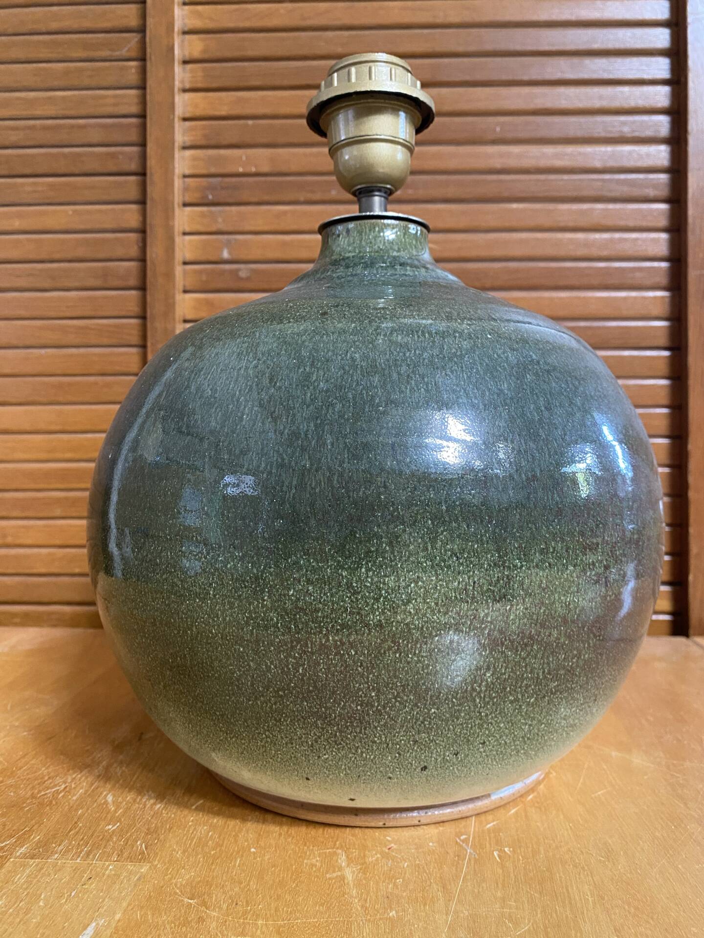 Pied de Lampe Ancien Boule Grès Émaillé Vert Nuancé Années 70 Vintage