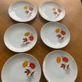6 small porcelain plates and vintage orange and yellow flowers
