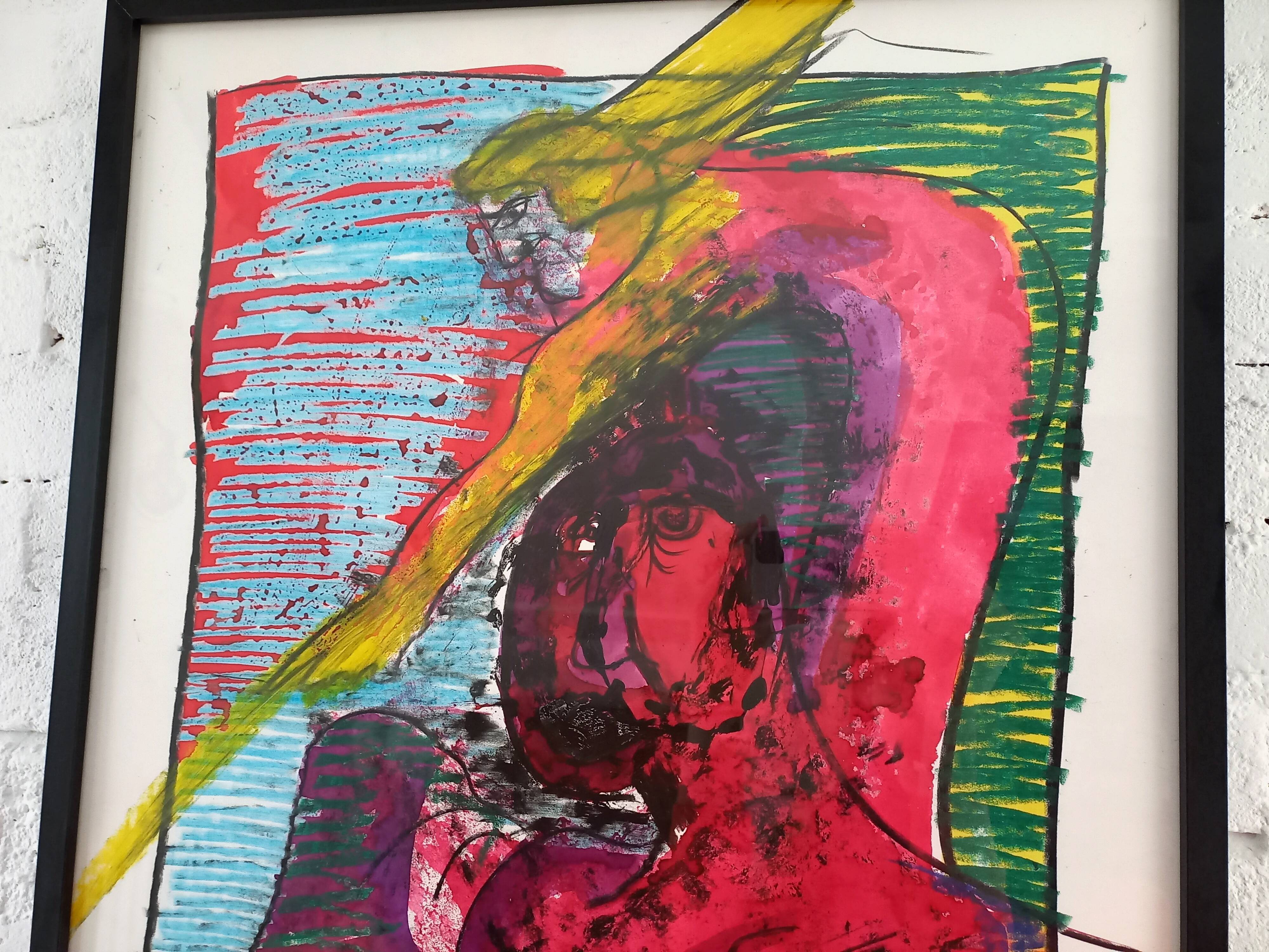 Vintage illustration by the Swiss artist Frédéric Schütz, signed FS 88, 1988, under frame