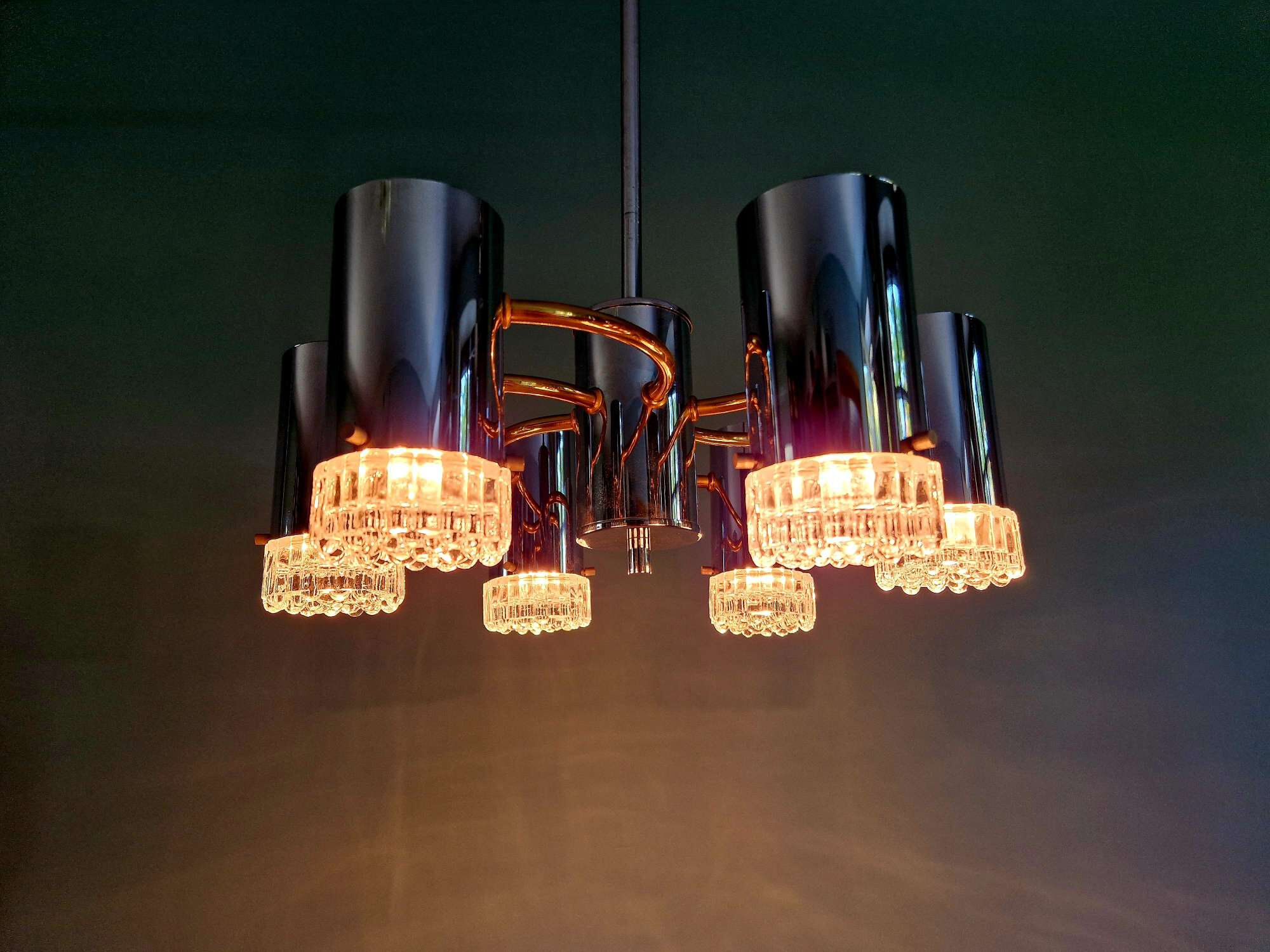 Space Age chandelier in chrome metal and brass, 1970s