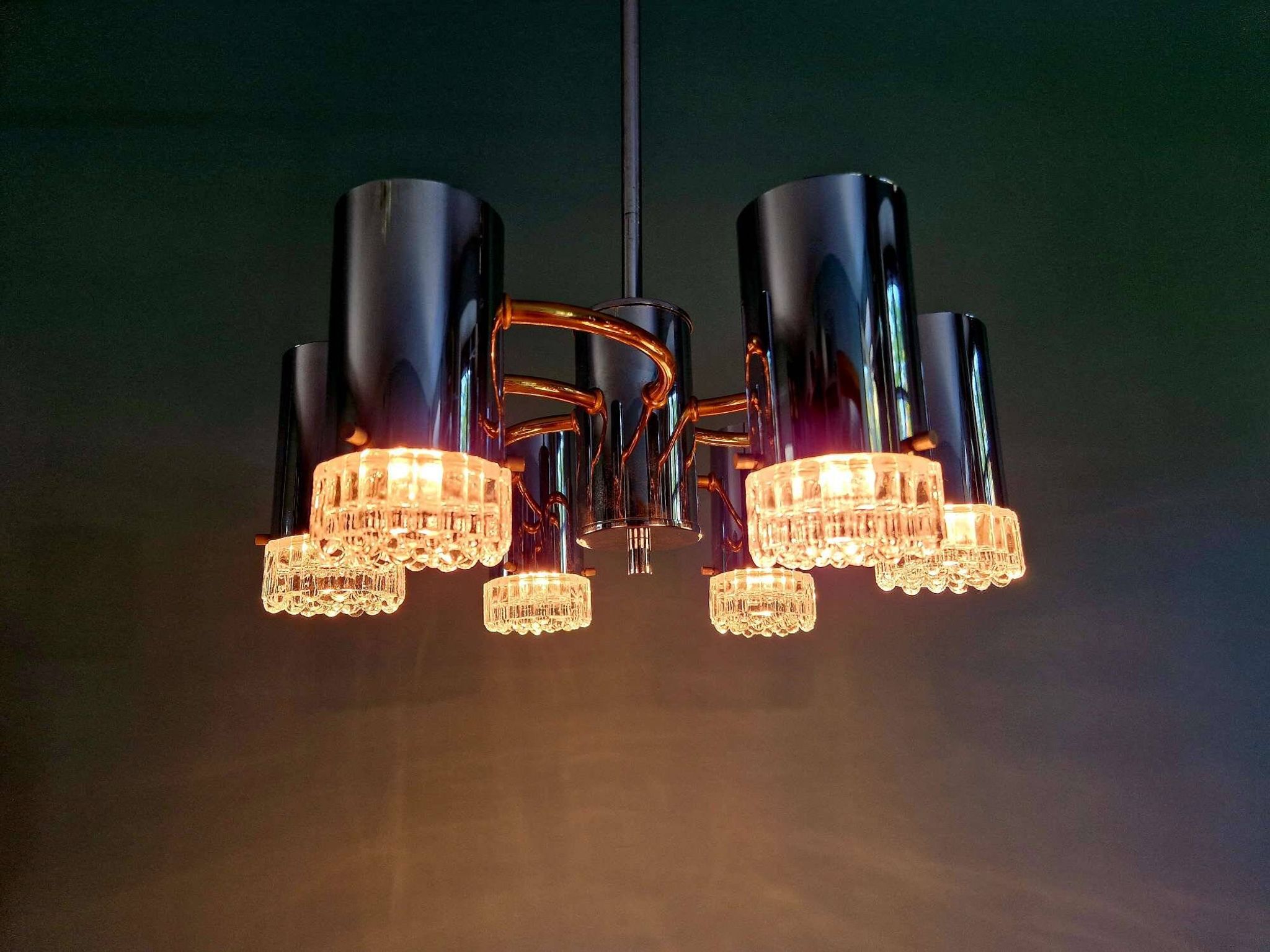 Space Age chandelier in chrome metal and brass, 1970s