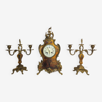 Violinnée Clock and its Candlesticks Louis XV Cartel Clock Fireplace Trim XIX