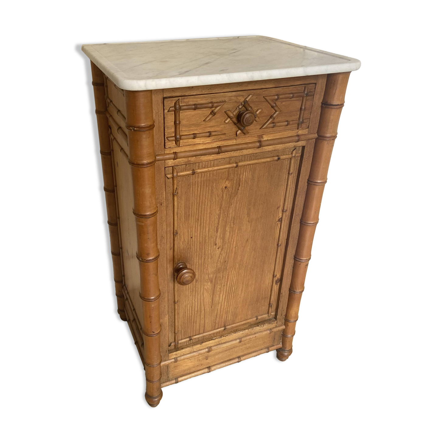 Bedside table / nightstand in pitchpin pine wood and bamboo with marble top