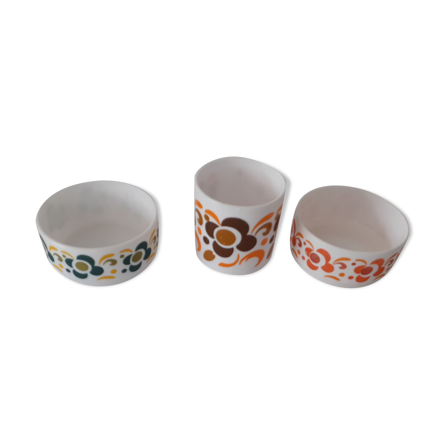 3 pieces lotus Arcopal 2 ramekins cups and 1 mug orange brown green vintage